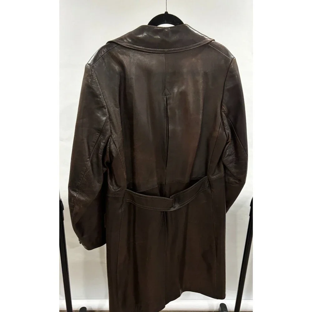 Vintage Spanish Soft Glove Leather Trench Coat Rich Brown Lined Belted Buttons - Picture 2 of 11